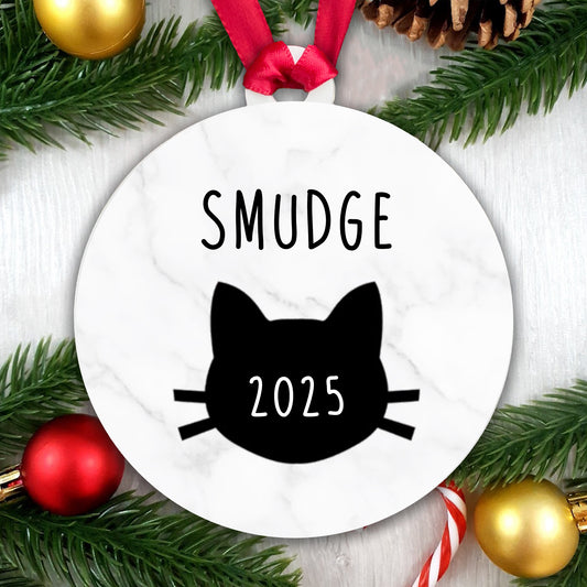 Personalised Cat Name and Year Bauble Christmas Tree Decoration Acrylic