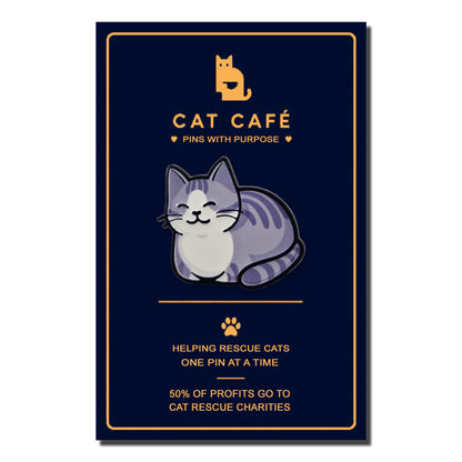 Grey & White Striped Cat Pin Badge