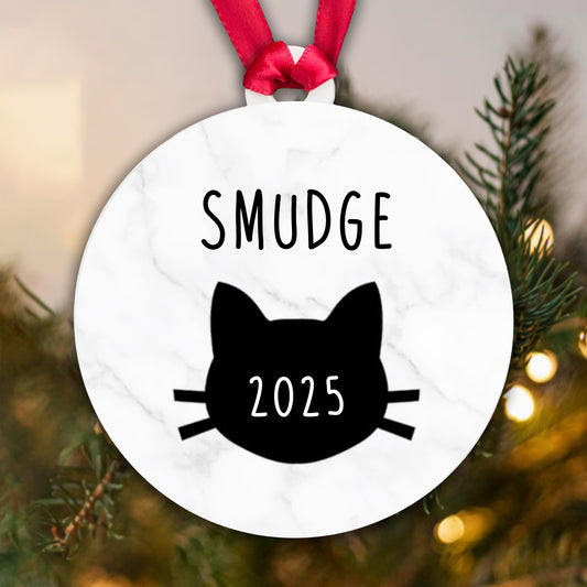 Personalised Cat Name and Year Bauble Christmas Tree Decoration Acrylic