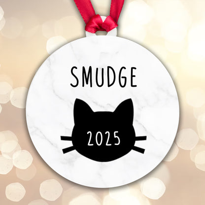 Personalised Cat Name and Year Bauble Christmas Tree Decoration Acrylic