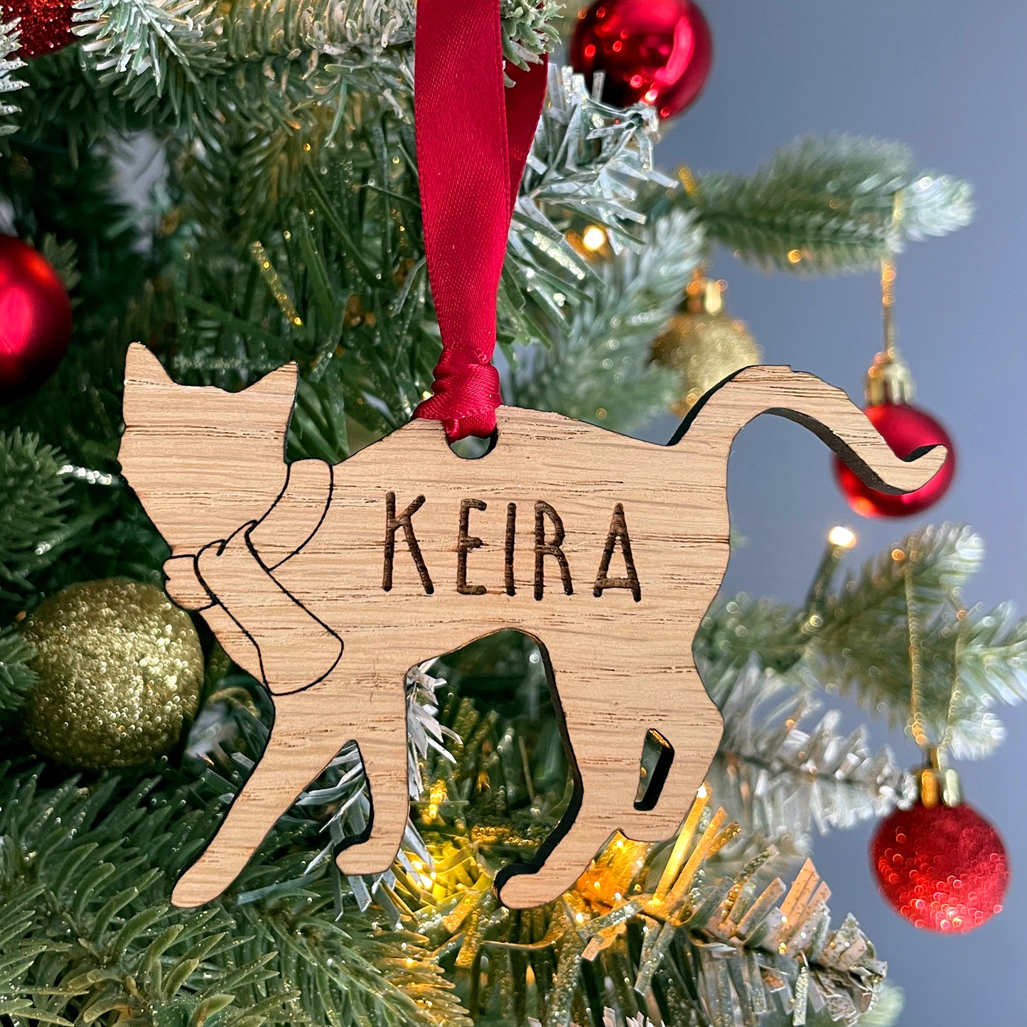 Personalised Wooden Cat Tree Bauble Decoration - Design 1