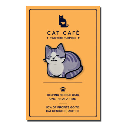 Grey & White Striped Cat Pin Badge